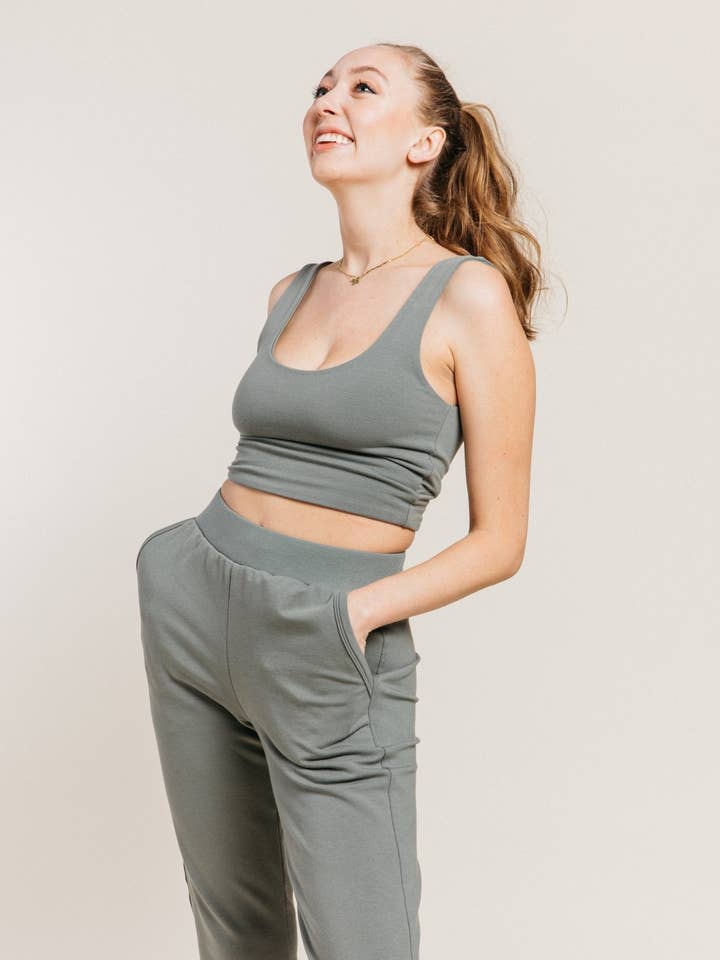 Double Scoop Tank in Sage for wholesale by Ocio Leisurewear