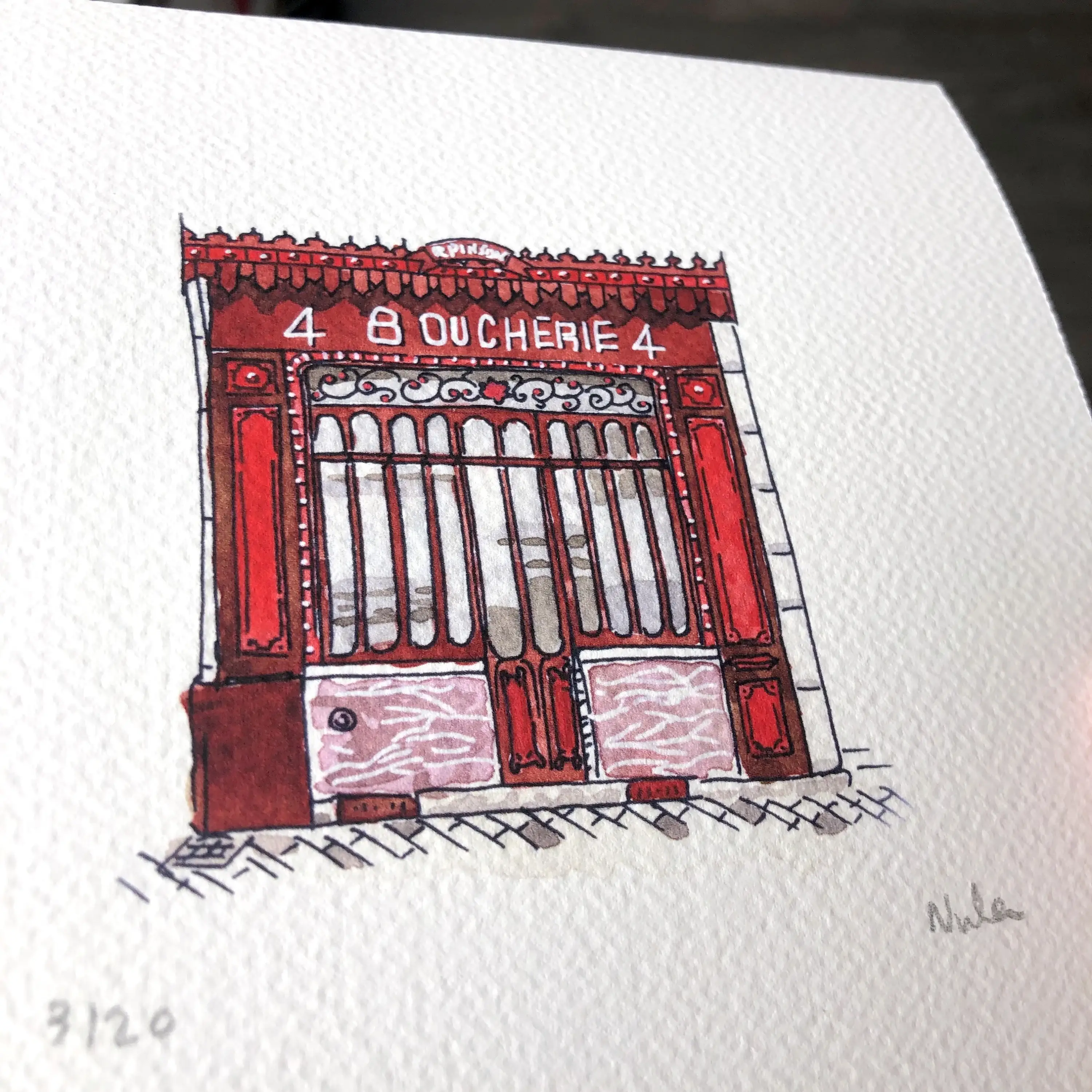 Atelier Nunila - Vendita all'ingrosso Stampa artistica - Acquerello: Macelleria vintage, Chartres, Francia (15x15 cm)2