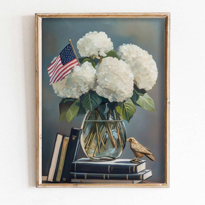 Alexandria Hydrangeas With American Flag Art Print for wholesale by Paper House Print Shop