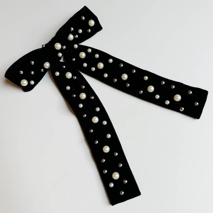 Ellison+Young - Wholesale Hair Clip - Women's - Pearl Throwed Velvet Bow Hair Clip
