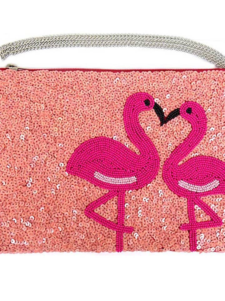 Spangle and Seed Beaded Flamingo Clutch Bag for wholesale by Suzie Q USA