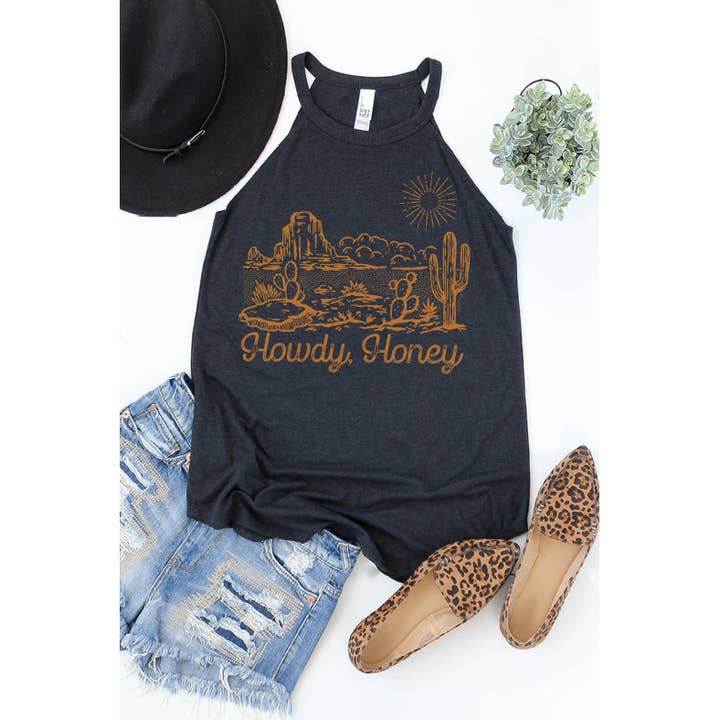 Howdy Honey Cactus Desert Western Graphic Tank Top for wholesale by Kissed Apparel
