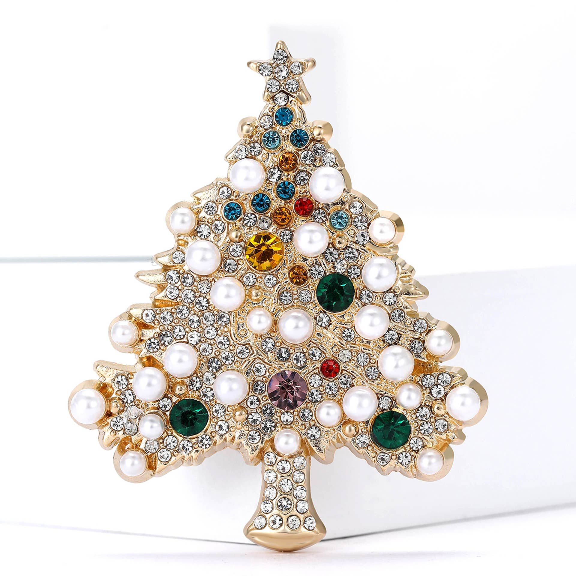 White Christmas Tree Brooch, Rhinestone & Pearl Ornament Pin for wholesale on Faire0