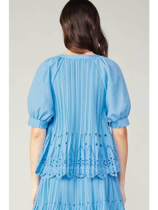 Baby Blue Button Front Pleated Eyelet Top for wholesale on Faire