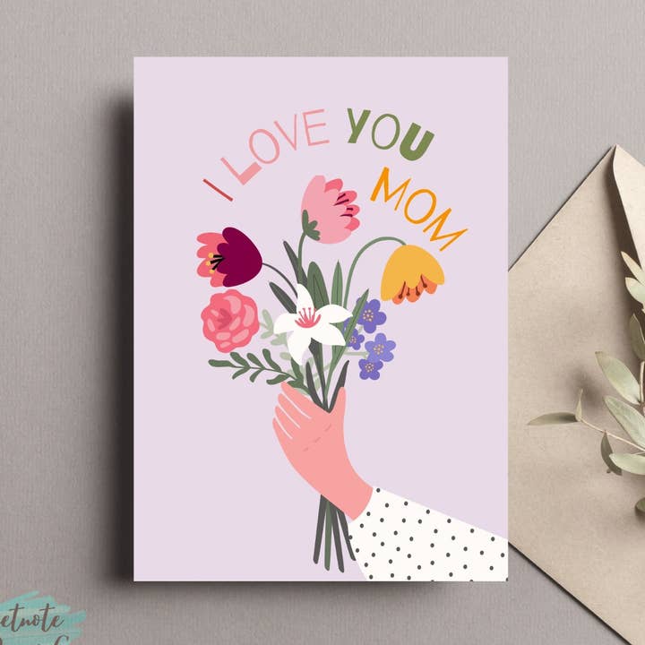 I Love You Mom Card- Lavender Bouquet for wholesale by SweetNotePaperCo