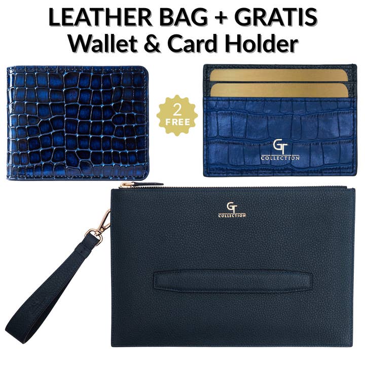 Men's Blue Leather HANDBAG + Free Leather WALLET & CARD HOLDER - Gift Set for wholesale by GT collection Jewelry