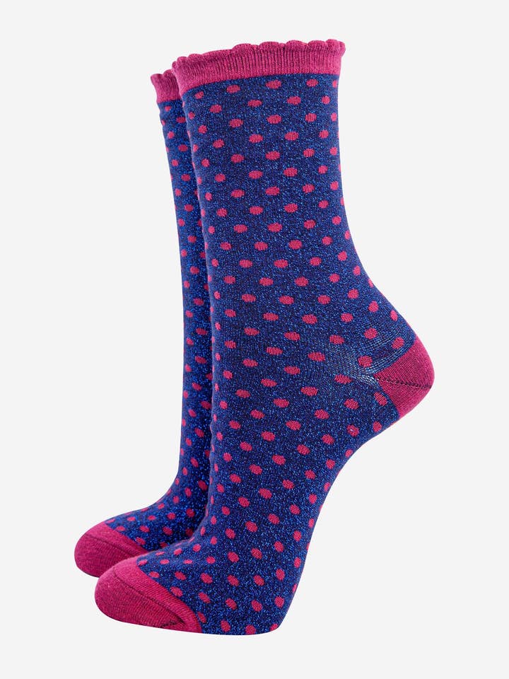 Women's Navy Blue/Berry Polka Dots Glitter Socks for wholesale by Sock Talk