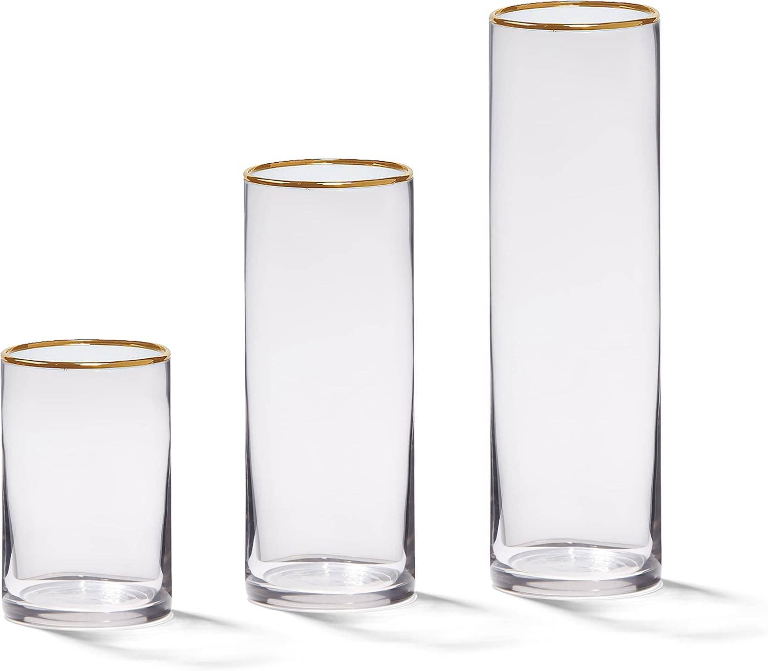 4E's Novelty - Vente Vases - Ensemble de Nouveauté 4E de 3 Vases Cylindriques en Verre avec Bord Doré – Centres de Table Élégants & Porte-Bougies2