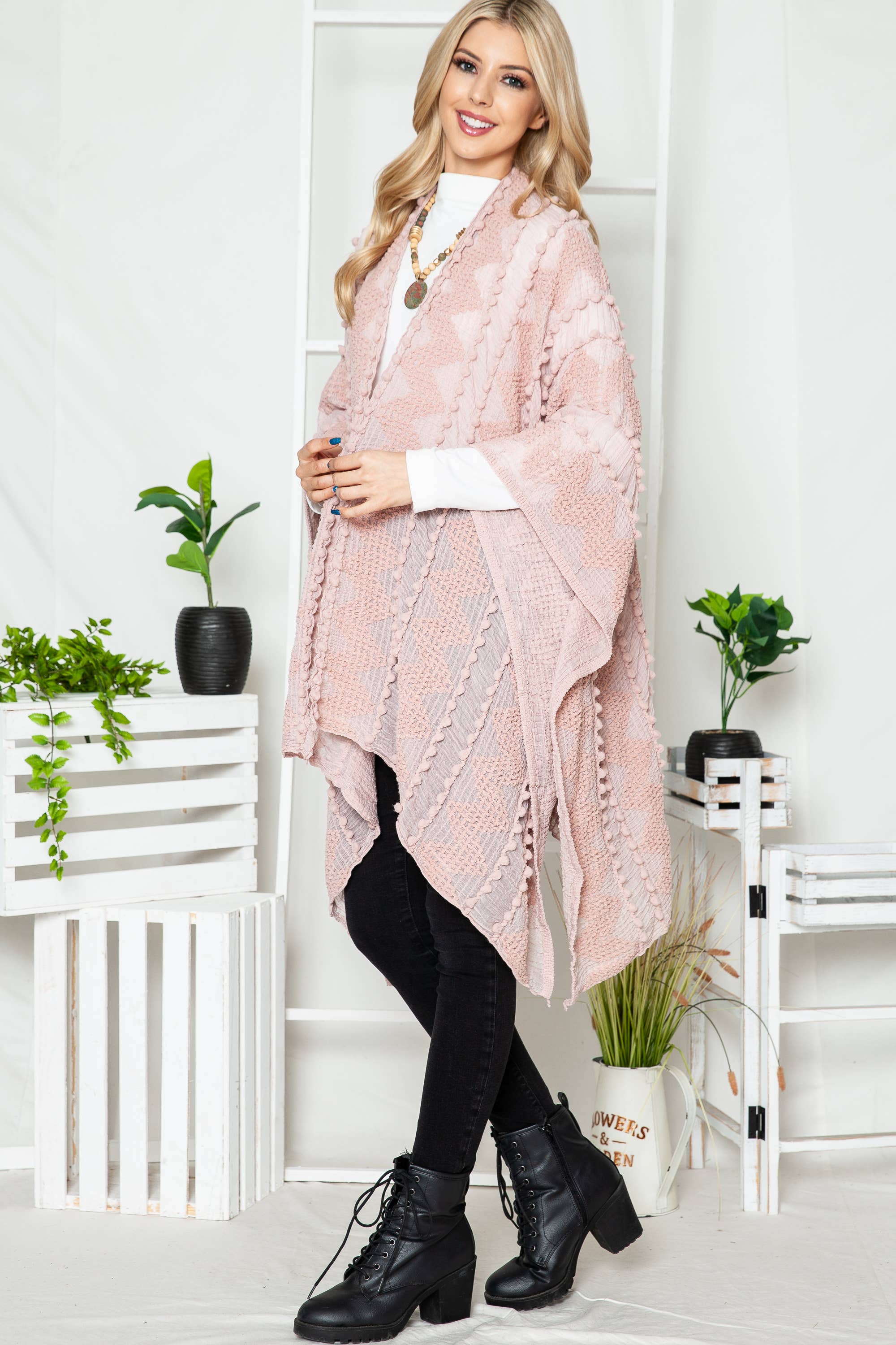 Justin & Taylor - Wholesale Kimono - Women's - Puffer-Up | Soft Textured Cover-Up Kimono With Pom Detail33