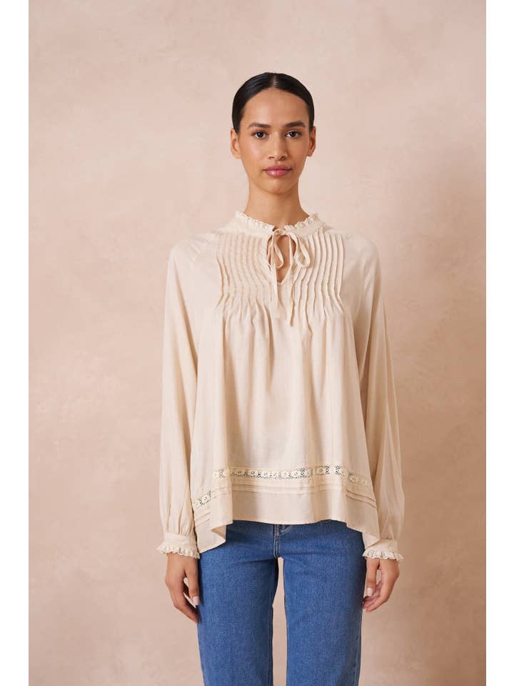 Attentif Paris - Vente Chemisier – femme - Blouse contenant du lin avec col volanté et noeud5