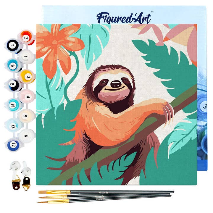 Mini Paint by numbers Tropical Sloth 20x20cm Framed canvas for wholesale by Figured'Art (UK)