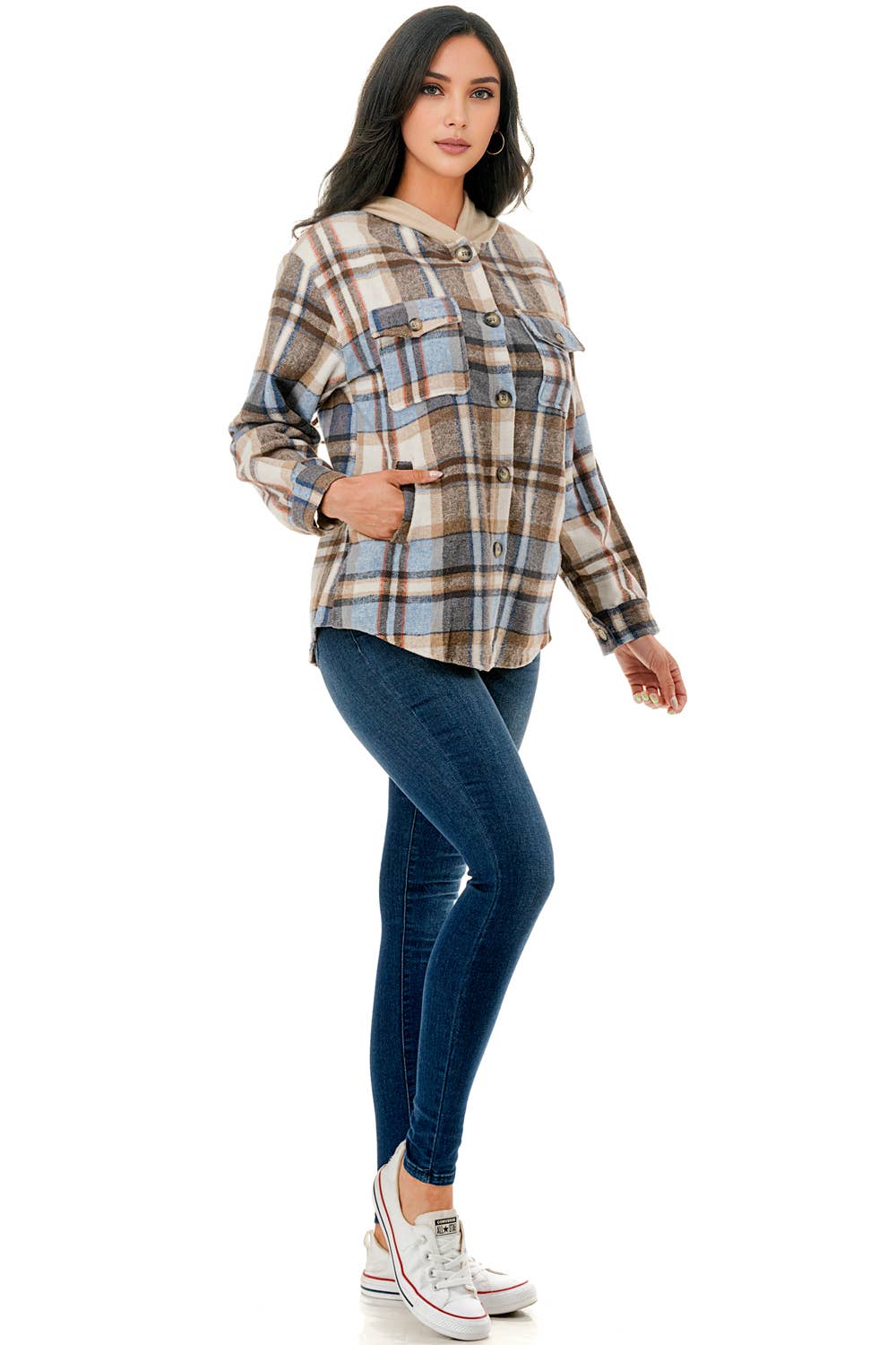 Color 5 - Vente Veste-chemise – femme - Veste en flanelle à carreaux bleu-blanc avec capuche et poches11