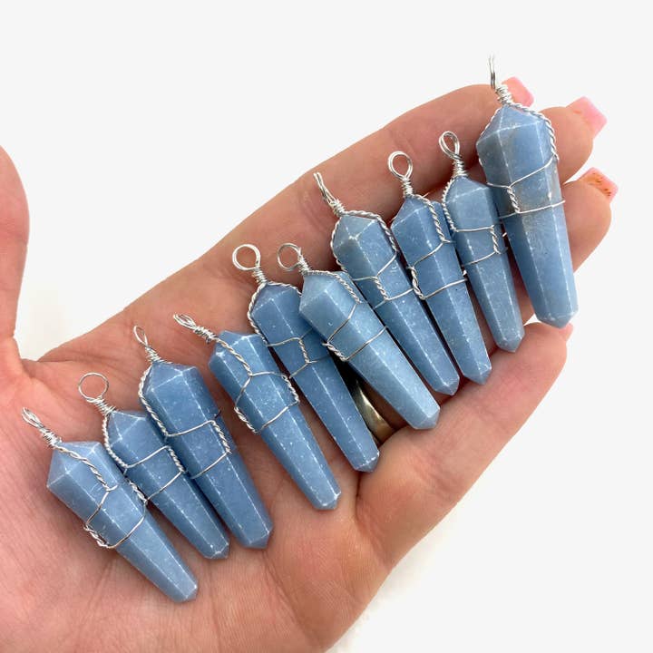 5pc Wire Wrapped Angelite Pendant for wholesale by Moon Mountain Gems