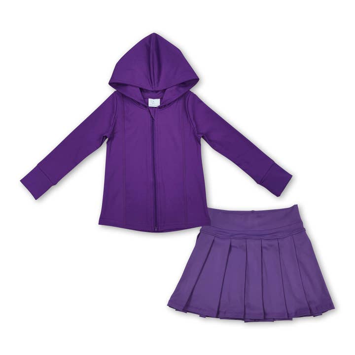 Yawoo Garments - Wholesale Activewear set – Kids - Purple zipper hooded jacket pleated skirt girls active set
