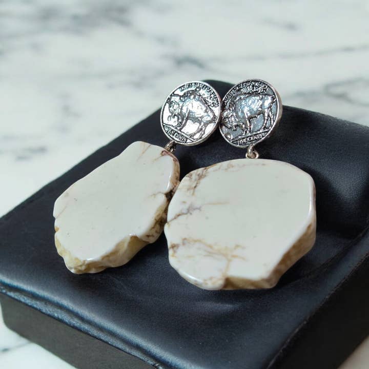 White Howlite Rock Slab With Buffalo Nickel Coin Fashion Earrings for wholesale on Faire