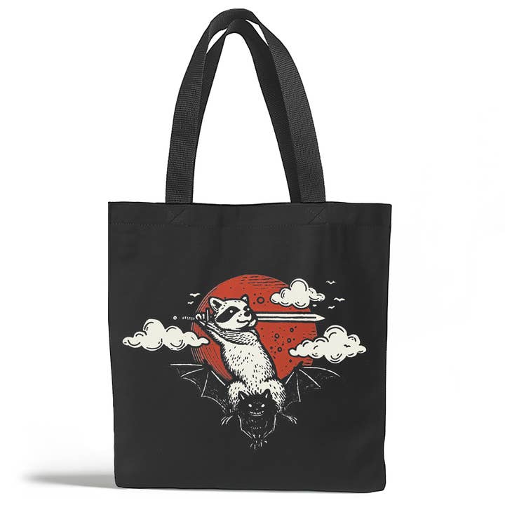 Adventure Raccoon and Bat Tote Bag, Retro Halloween Gifts for wholesale by Loftipop