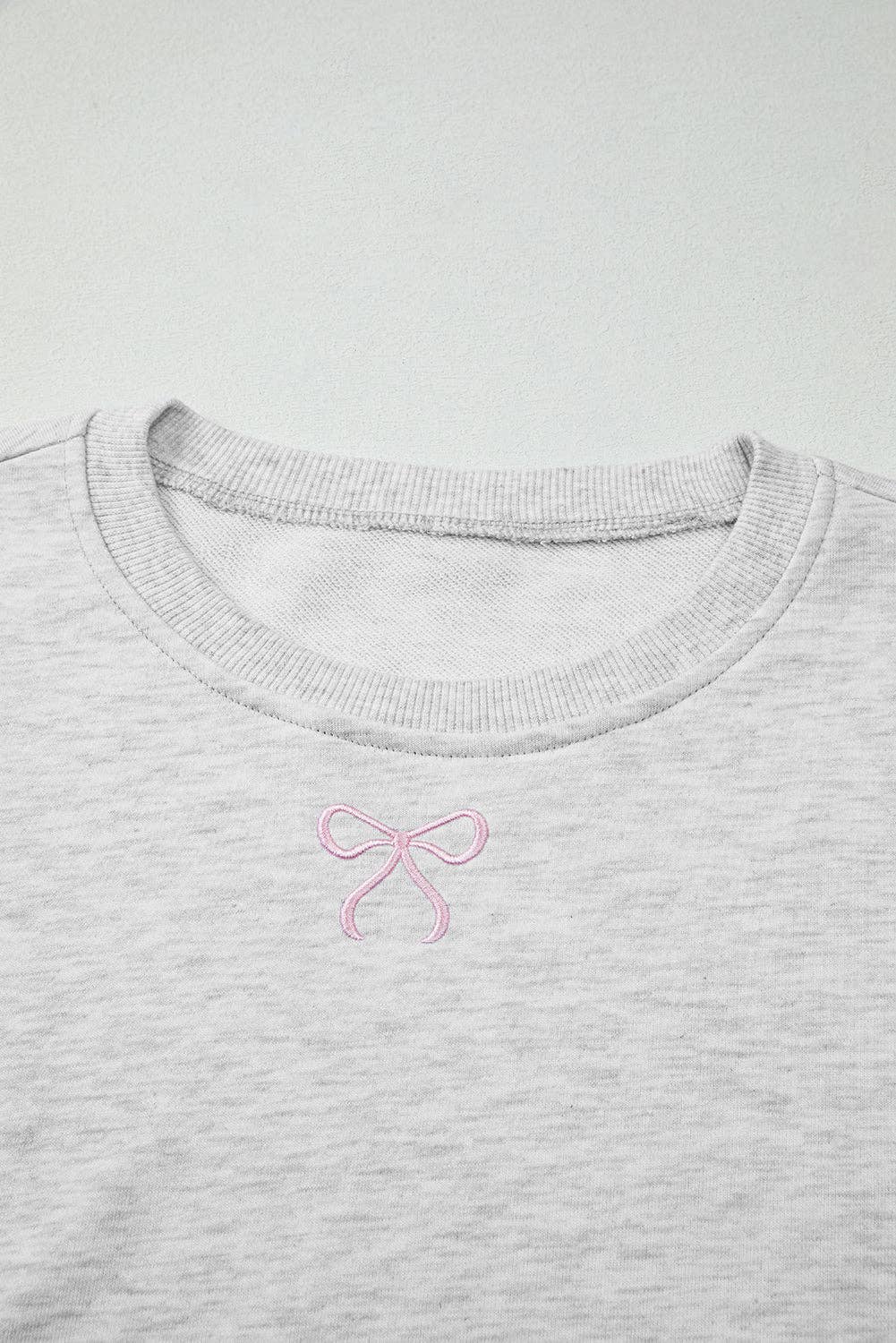 Light Grey Girly Bow Embroidered Detail Puff Sleeve Pullover 2pcs Short Set for wholesale on Faire2