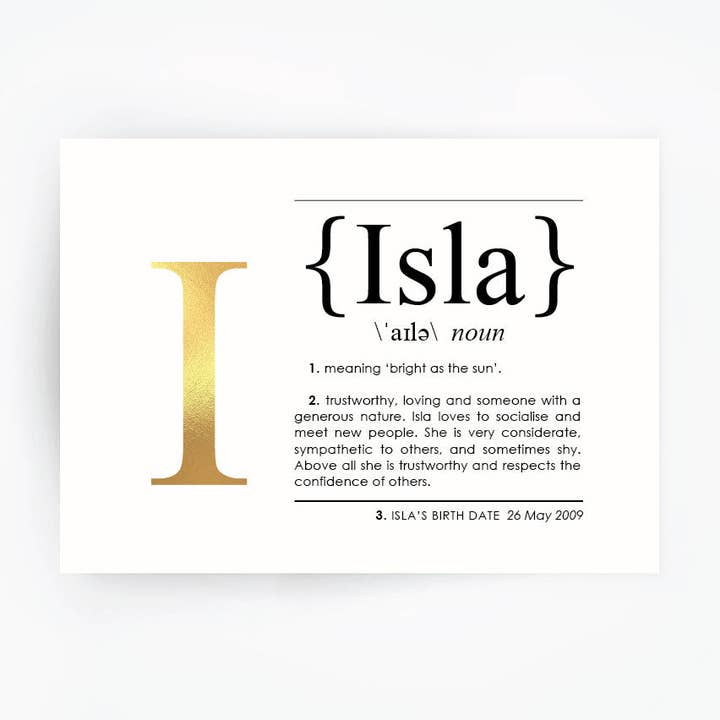 The Artisan Gift Co. - Wholesale Art print - Name Definition Art Print ISLA - Hand Foiled Print
