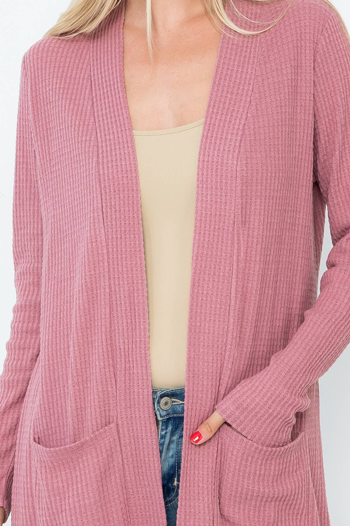 You & Me – Großhandel Strickjacke – Damen – GEBÜRSTETER WAFFEL LANGARM SEITENTASCHEN OFFENE FRONT STRICKJACKE4