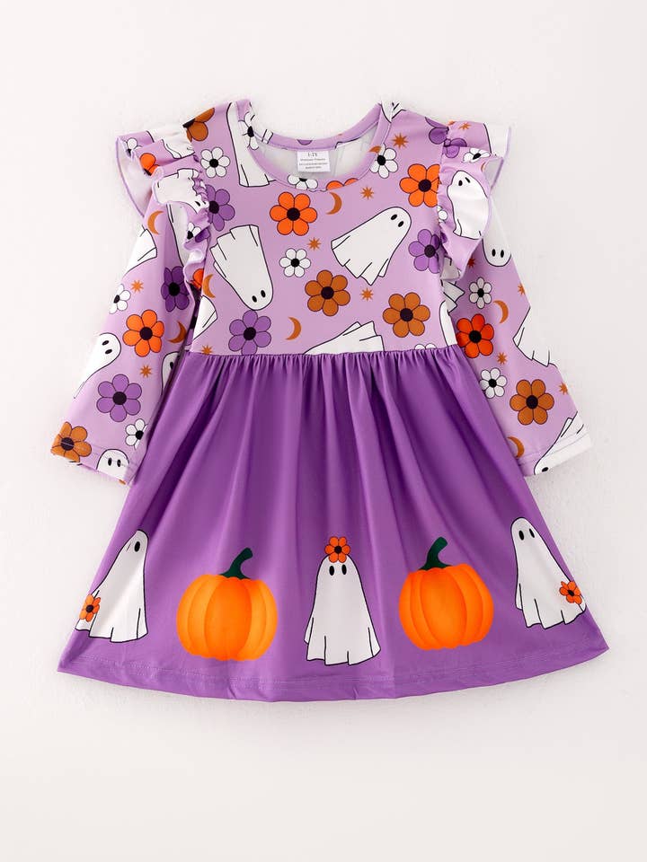 Rylee Faith Designs - Wholesale Dress - Kids - Girls Fall Halloween Ghost Pumpkin Print Long Sleeve Dress