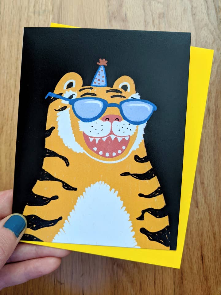 Cool Tiger Birthday - greeting card - blank inside for wholesale by Stephanie Brachmann Studios (formerly Rhino Sky Creations)
