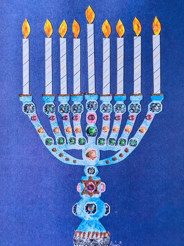 Menorah-kort, Udsmykket Hanukkah-kort til indramning, Håndlavet for engroshandel hos Erica DiPaolo Designs
