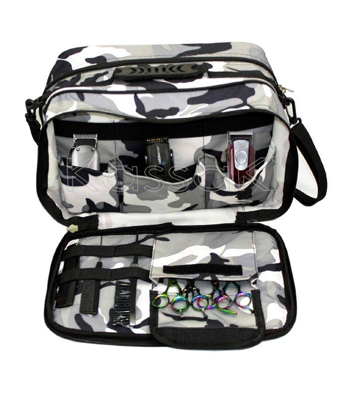 Kassaki – bolsa de maquilhagem e cosméticos por atacado – Bolsa Kit Sessão de Cabeleireiro e Barbeiro em Cinza Camuflado