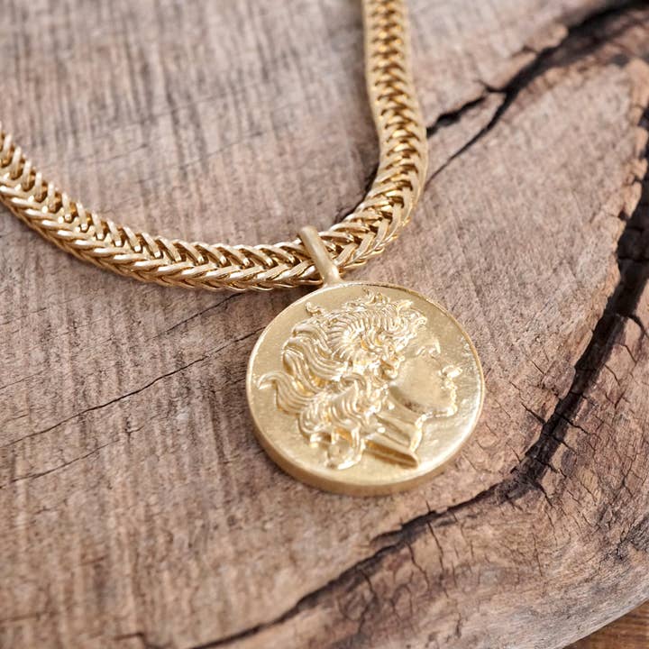 PennyLine inc - Wholesale Pendant/Charm Necklace - Coin Statement Chain Necklace in Worn Gold Tone