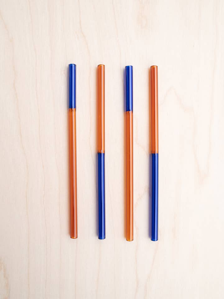 Ensemble de pailles en verre multicolores faites à la main | Bleu & Orange pour la vente par Wildher Studios