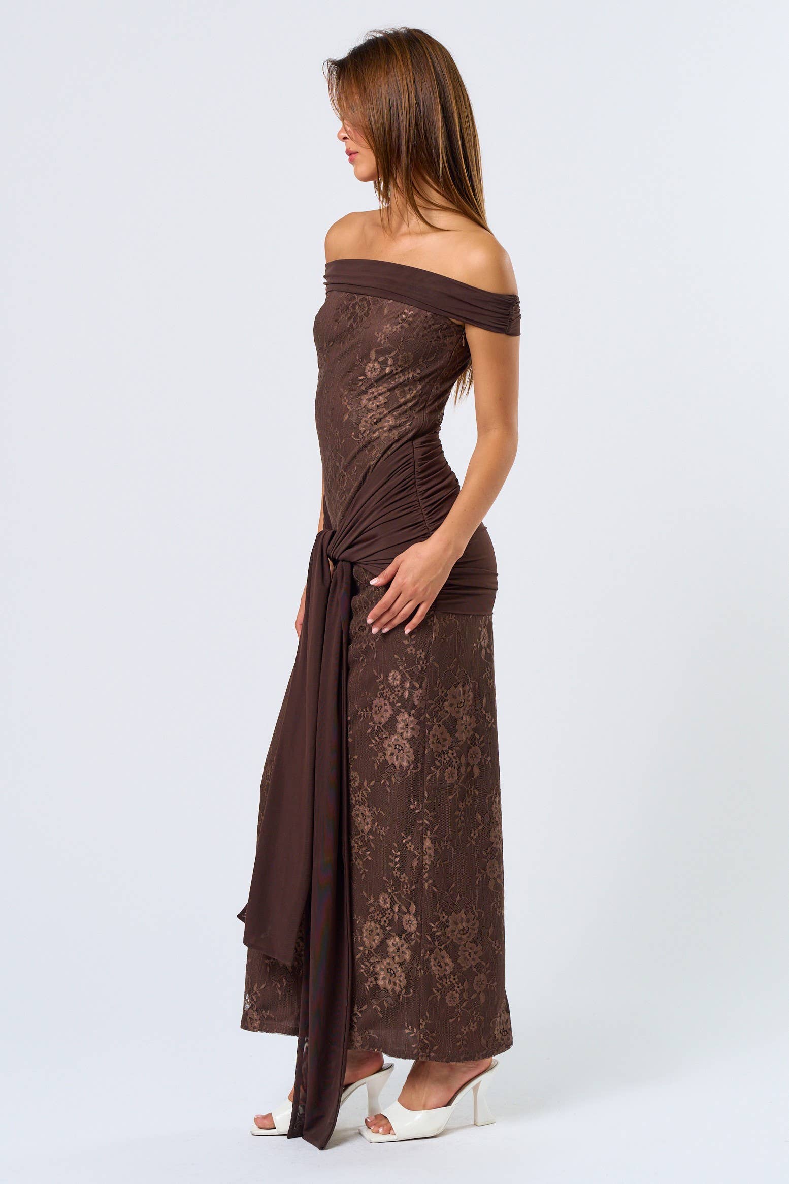 Brown Lace Tube Off-the-Shoulder Midi Dress for wholesale on Faire3