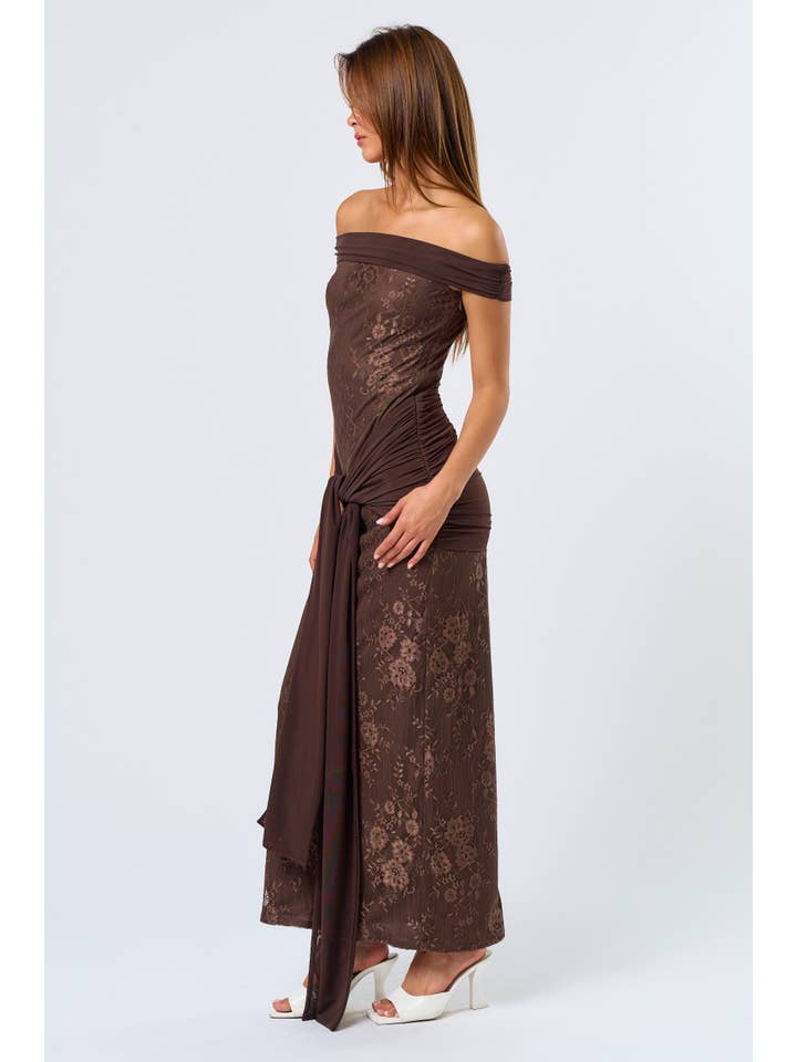 Brown Lace Tube Off-the-Shoulder Midi Dress for wholesale on Faire3