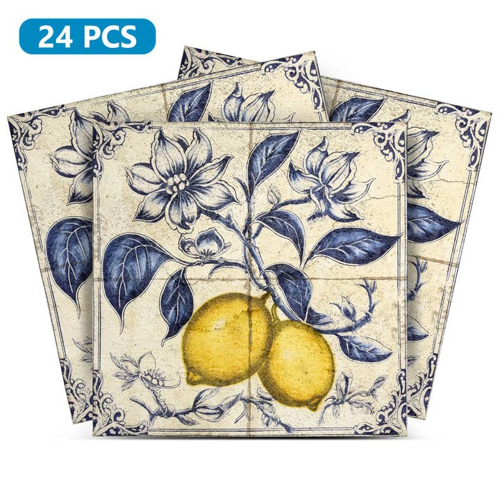 Adesivos de azulejo rústico de limão vintage com fundo esbranquiçado removível para locatários Modelo - L24 por atacado de Mi Alma LLC