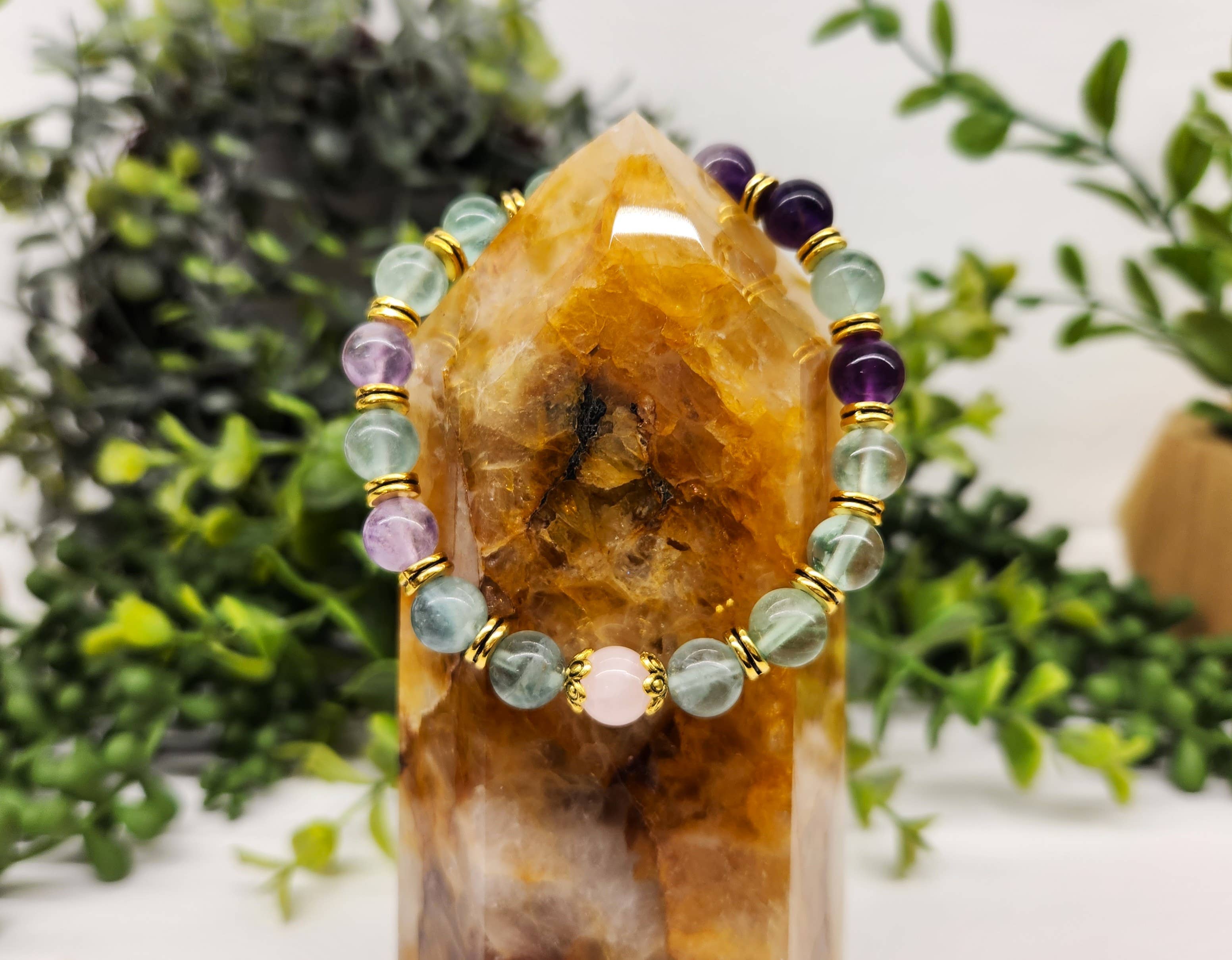 Meraki Gemstones - Wholesale Beaded bracelet - INNER PEACE - Rainbow Fluorite/Rose Quartz(center) 8mm,7.5"L4