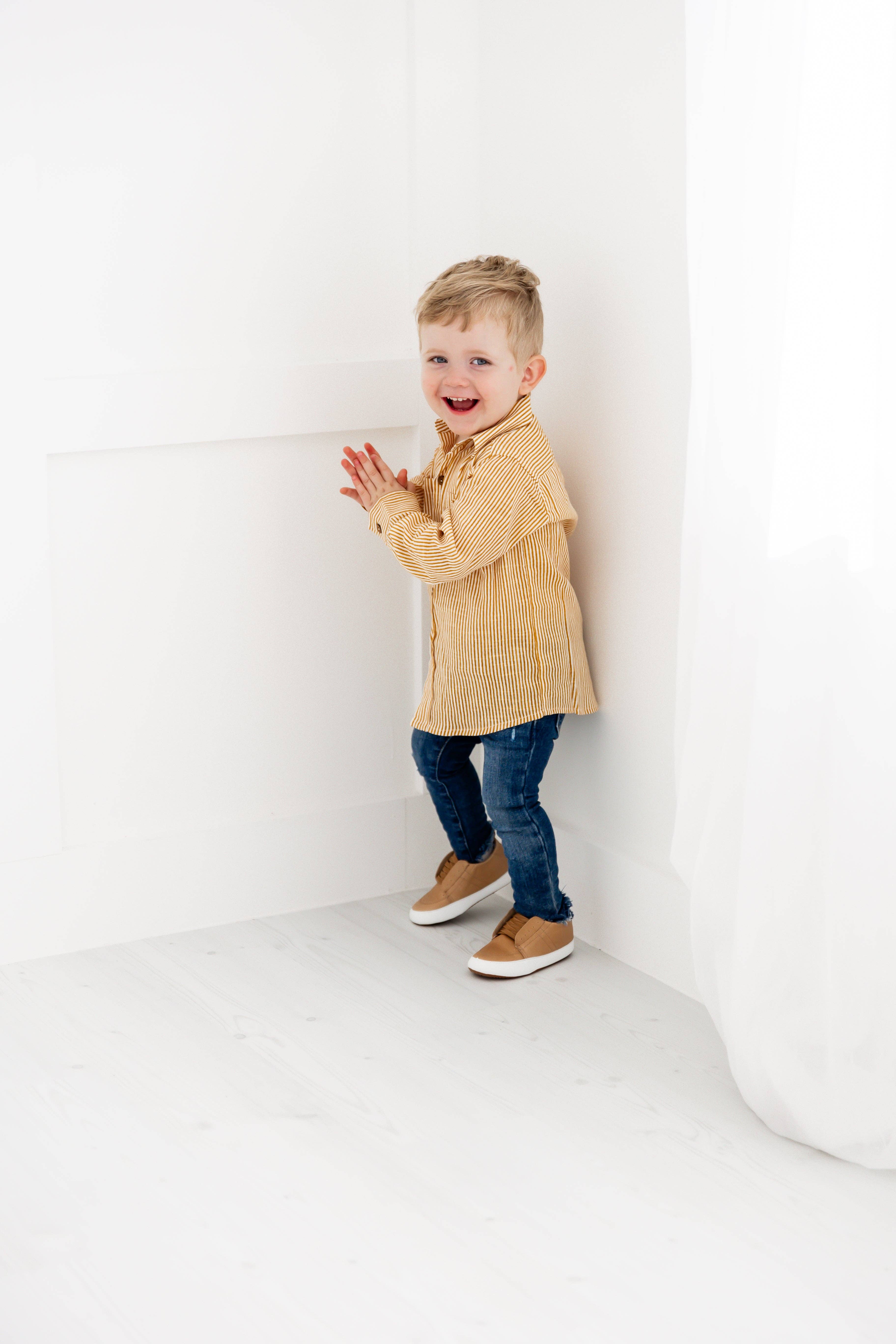 Yo Baby - Wholesale Button Down Shirt - Kids - Mustard Stripes Printed Boys Shirts3