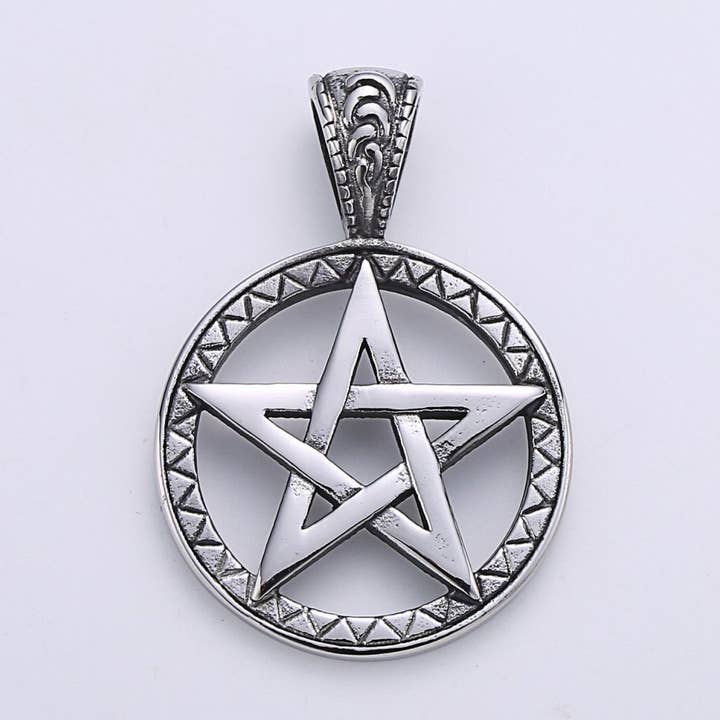 Antique Silver Star Pentacle - Wicca Jewelry Vintage Pendant - Medallion Pentagram Pendant Necklace Component J-702 for wholesale by Aim Eternal