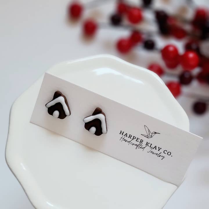 The Gingerbread House Studs- Christmas Polymer Clay Earrings for wholesale by Harper Klay Co