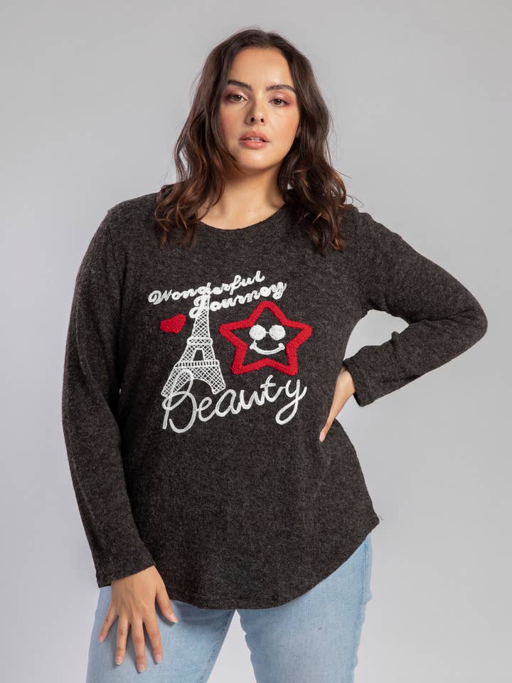 Grijze trui met borduursels in grote maat (A961) voor wholesale door Pomme Rouge Paris