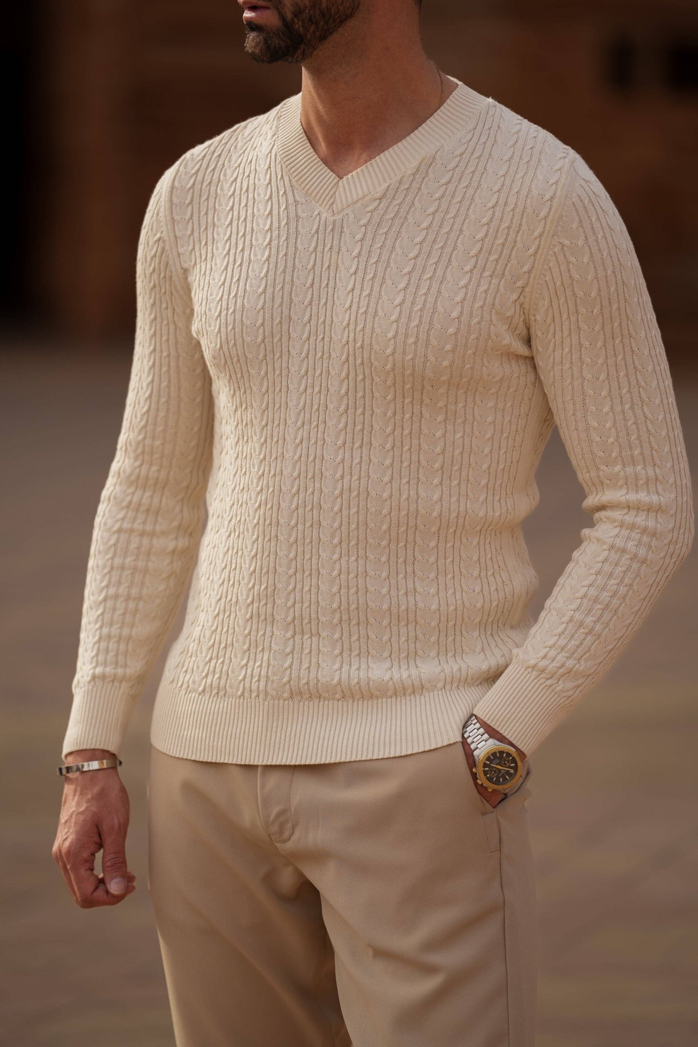 DONATO - Wholesale Knit Sweater - Men's - V-NECK BEIGE3