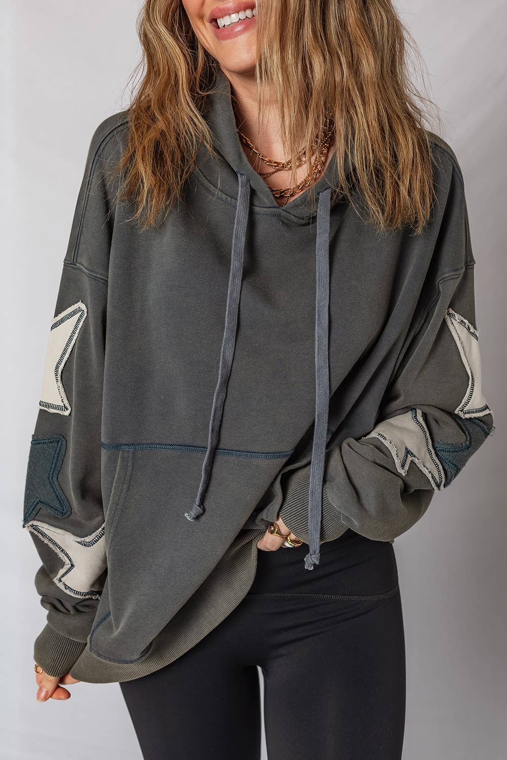 Gris Carbone LDC Star Patchwork Contrasté Couture Poche Vintage Hoodie en vente sur Faire3