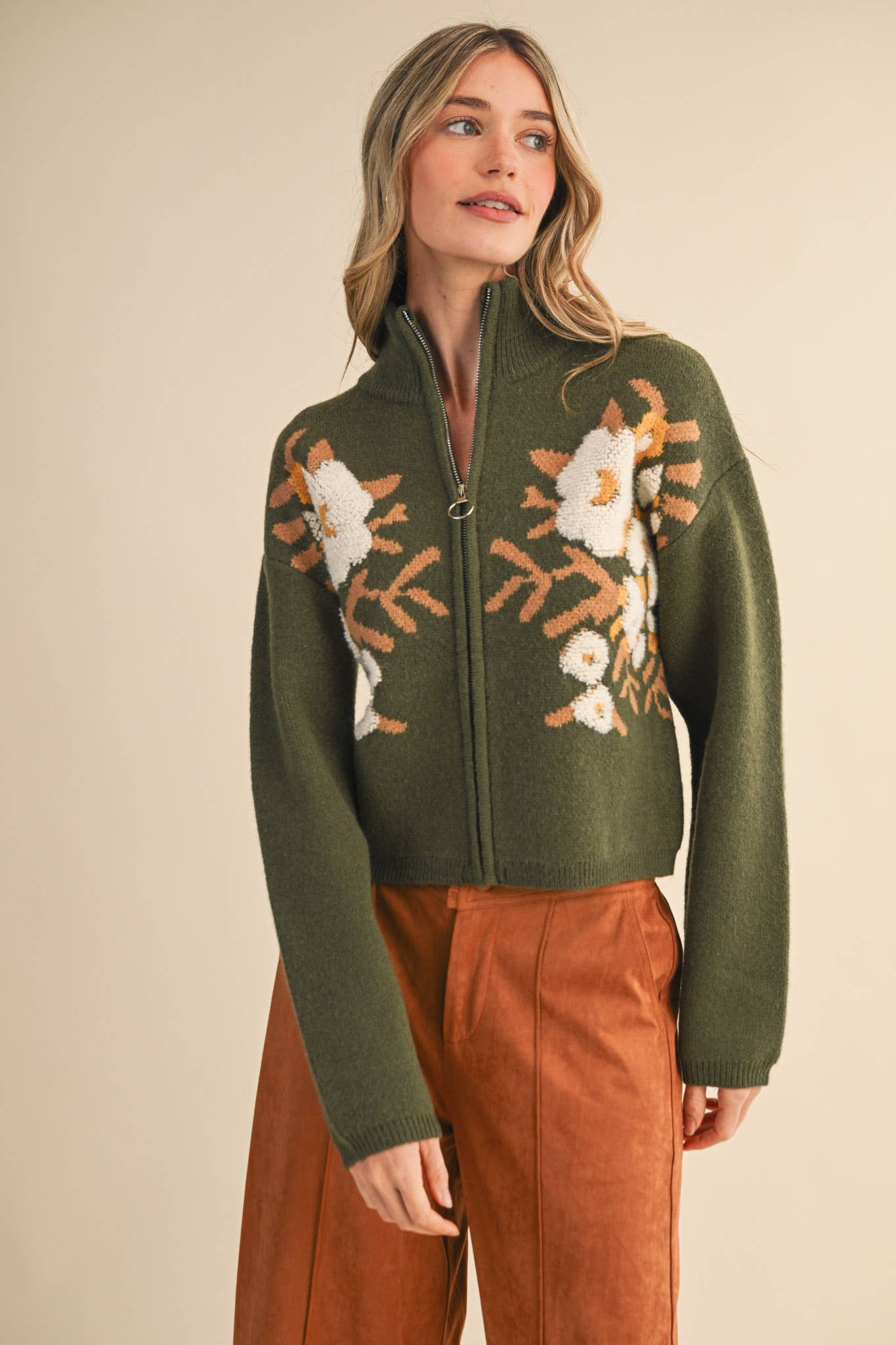 &MERCI - Wholesale Cardigan - Women's - FLORAL ZIP UP SWEATER CARDIGAN MSW1118820