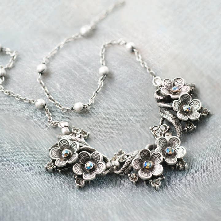 Silver Forget-me-not Flower Necklace N347-R for wholesale by Sweet Romance Jewelry