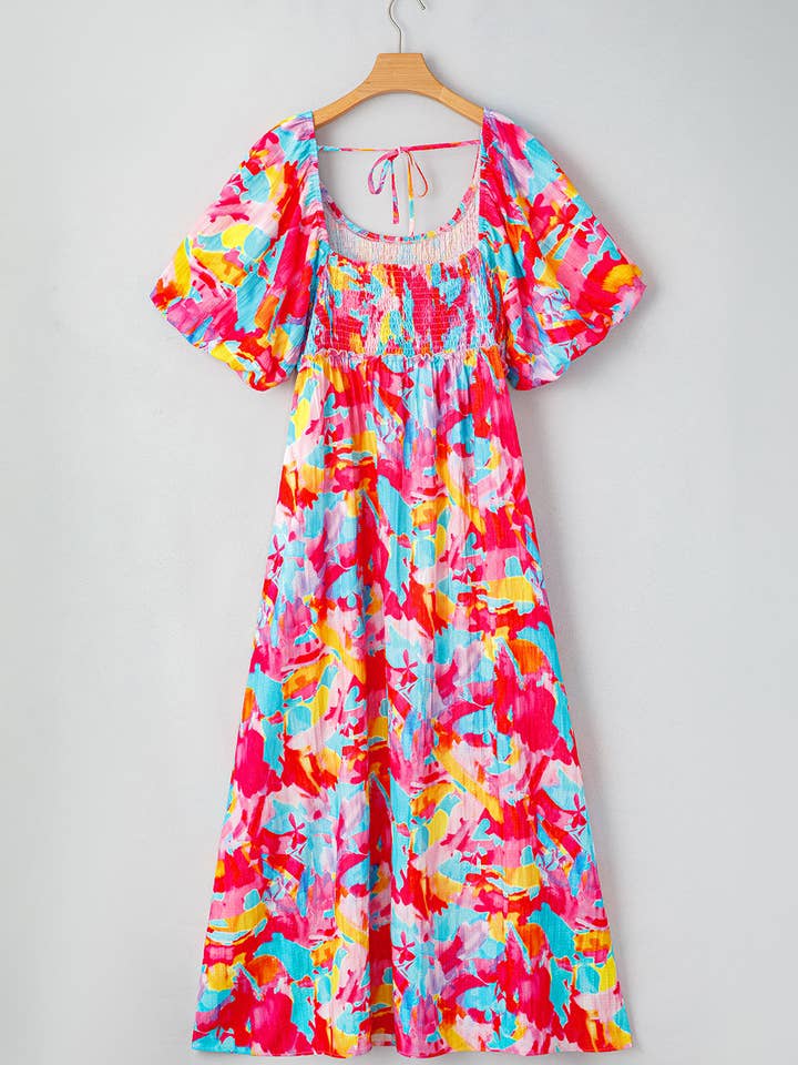 Rose Abstract Printed Puff Sleeve Square Neck Smocked Bust Tied Back Plus Size Dress for wholesale on Faire4