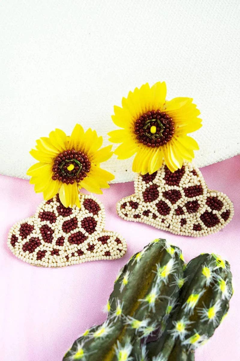 The Bling Barn - Wholesale Dangle Earrings - Sunflower Rodeo Brown Hat Seed Bead Earrings0