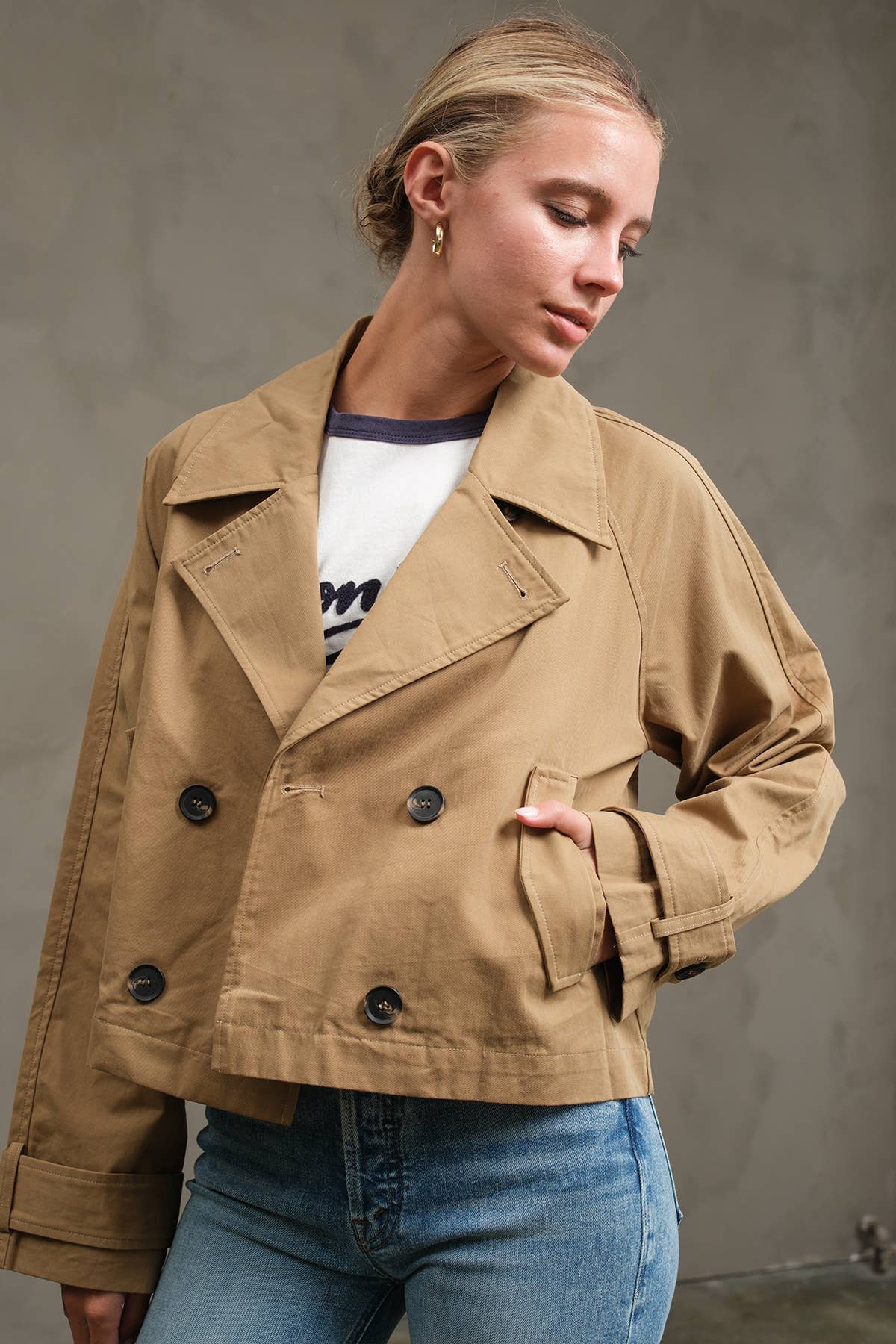 KHAKI BEIGE Short Double-Breasted Trench Jacket - RJ1036 for wholesale on Faire2
