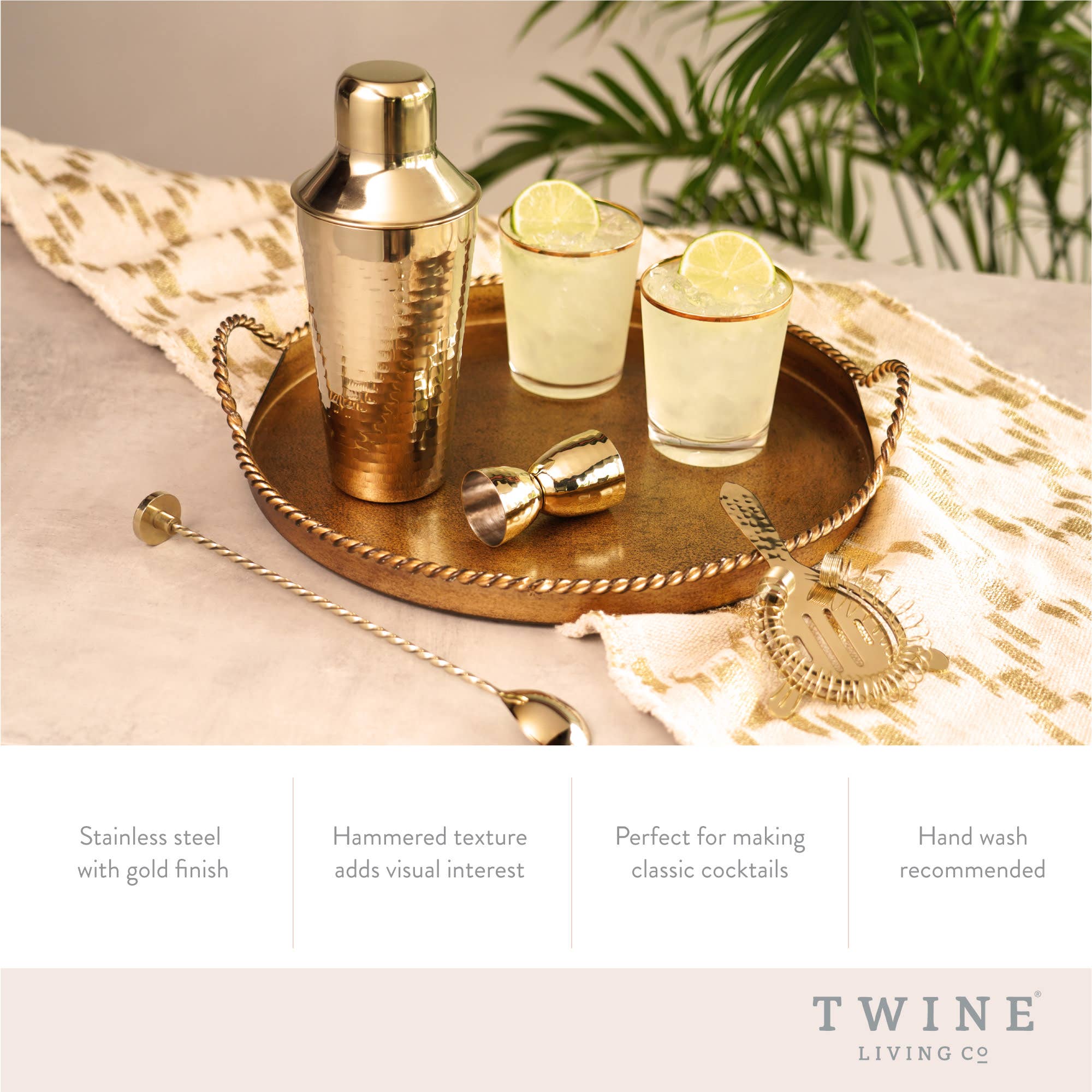 Twine - Wholesale Bar Tool - Gold Hammered Finish Stainless Steel Barware Set4