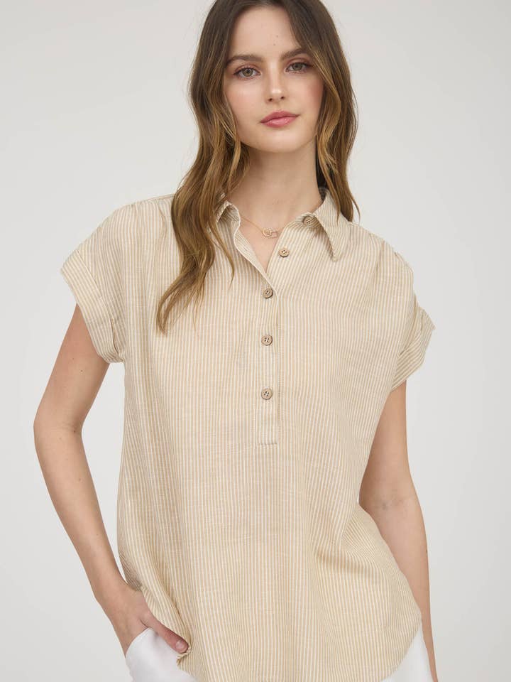 Blu Pepper - Wholesale Blouse - Women's - STRIPE HALF BUTTON COLLARED SHORT SLEEVE SHIRT