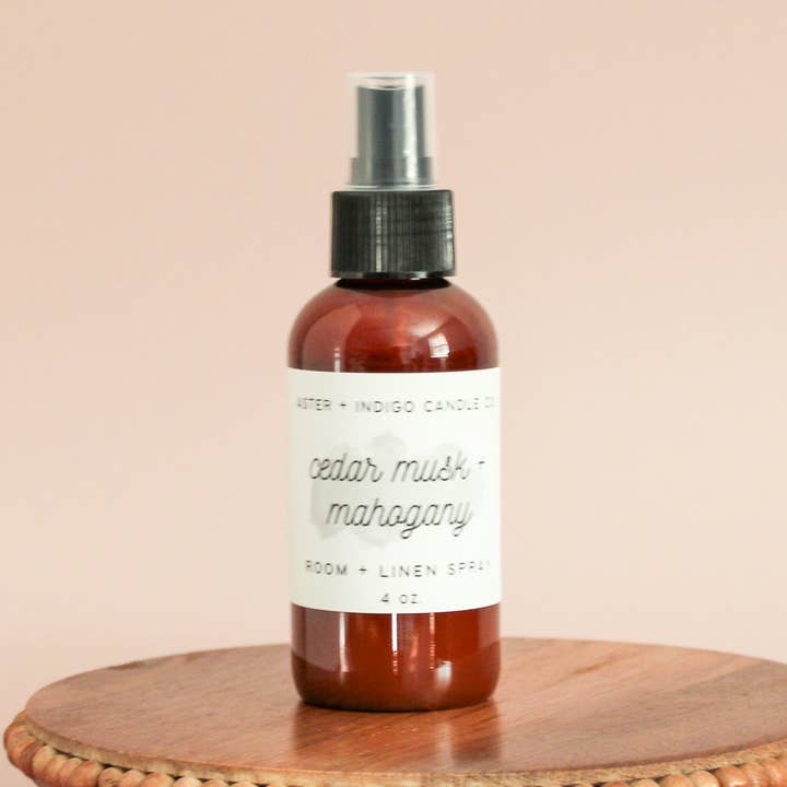 Cedar Musk + Mahogany | Room + Linen Spray | 4oz for wholesale by Aster + Indigo Candle Co.