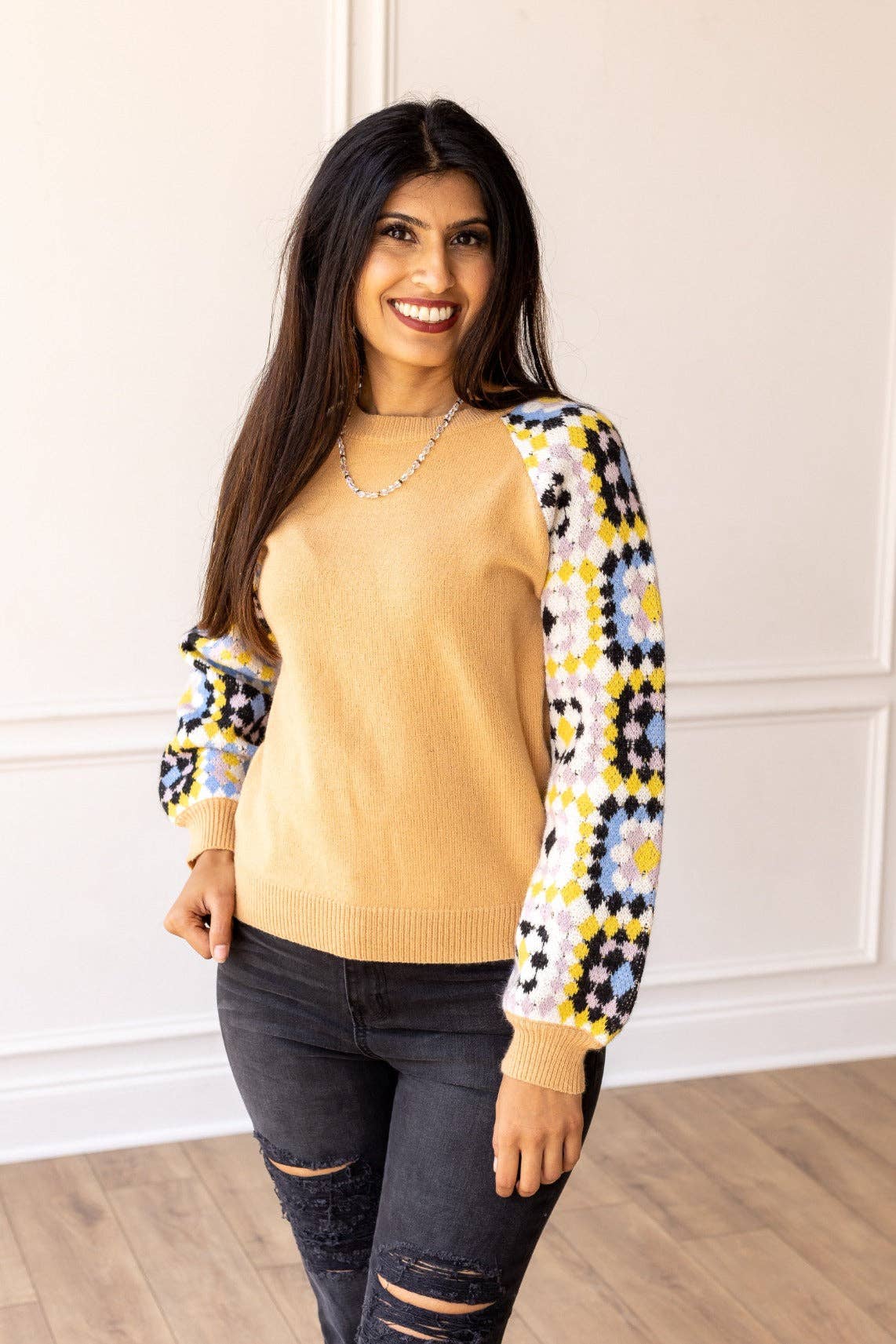 Tan Enchanting Crochet Cozy Sweater for wholesale on Faire