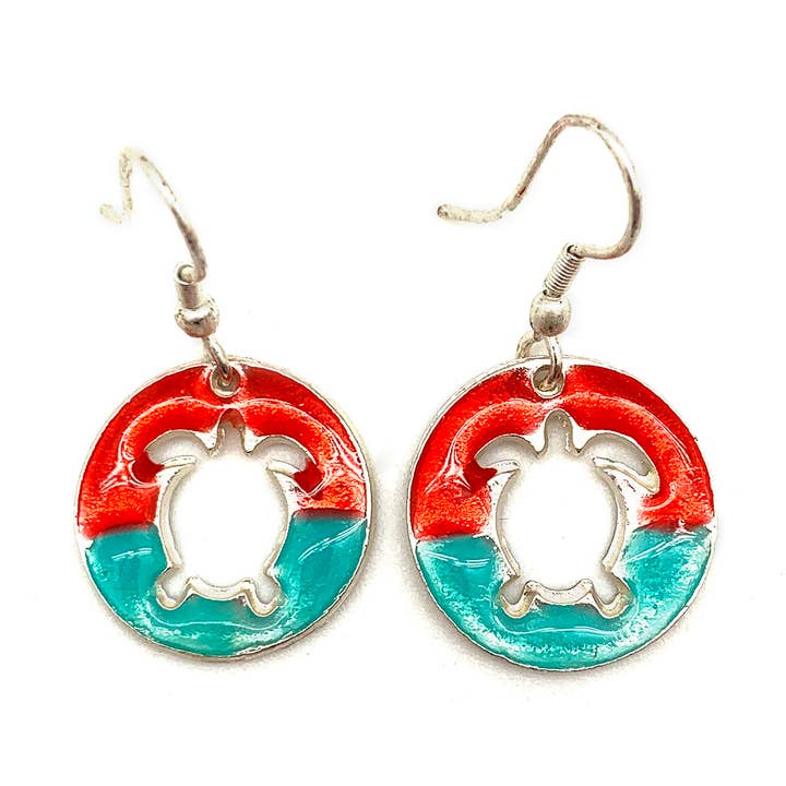 Pewter Earrings with Color Enamel - Red/Aqua Turtle for wholesale by Anju Jewelry