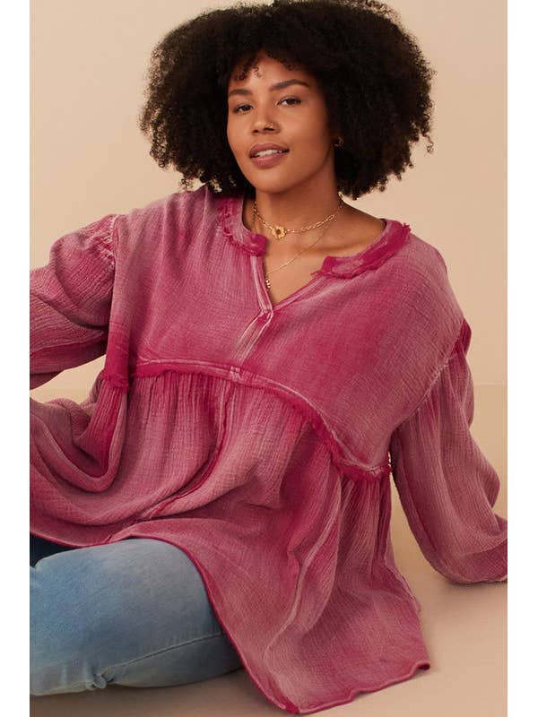 Plus Top mit gewaschenem Rand und Puffärmeln und Schößchen für den Großhandel von MintChoco